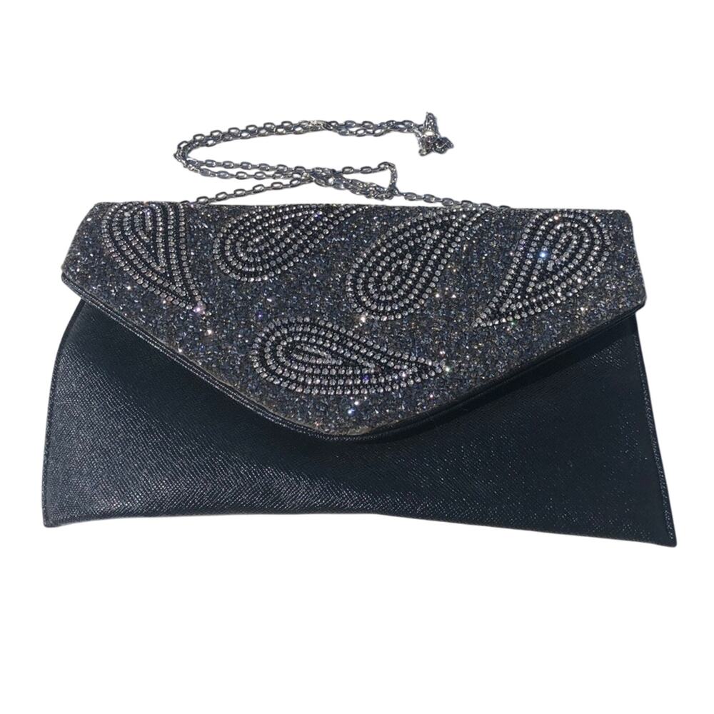 Black Sparkly Evening Bag With Chain Strap Wedding Prom Party